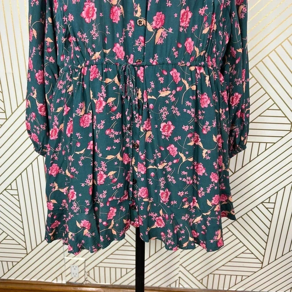 Free People Flower Fields Mini Dress Green Pink Floral Print Size‎ Medium